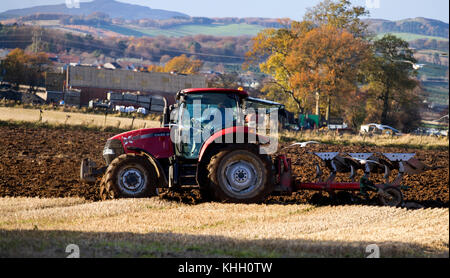 Dundee, Tayside, Scotland, Regno Unito. Il 19 Novembre, 2017. Regno Unito: meteo soleggiato e freddo a Dundee con temperature a strapiombo si avvicina al punto di congelamento, 5°C. Un agricoltore è l'aratura del suo campo la preparazione per il prossimo anno le colture nelle zone rurali di Dundee. Credits: Dundee fotografico/Alamy Live News Foto Stock