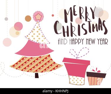 Vintage scheda di natale con albero e ornamenti, xmas card Illustrazione Vettoriale