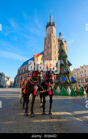 Carrelli per cavalcare i turisti sullo sfondo della cattedrale mariacki Foto Stock