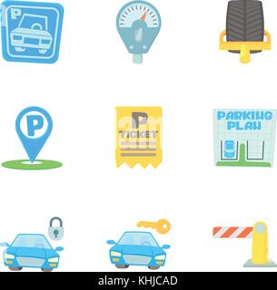Area di parcheggio set di icone, stile cartoon Illustrazione Vettoriale