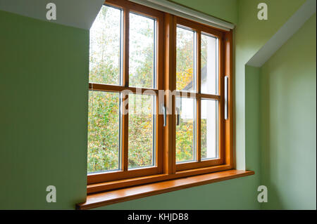 I doppi vetri in legno del telaio della finestra nella home in autunno Foto Stock