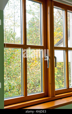 I doppi vetri in legno del telaio della finestra nella casa nella stagione autunnale Foto Stock