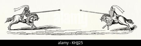 Un'antica incisione raffigurante due cavalieri che si agguantano in epoca medievale. Jouting è un concorso tra due cavalieri che indossano armatura e lance wielding con punte sfuggita. Spesso faceva parte di un torneo. L'obiettivo primario era colpire l'avversario mentre si stava avvicinando a lui ad alta velocità, atterrando la lancia sullo scudo dell'avversario o imbrigliando l'armatura e svergellandolo. Foto Stock