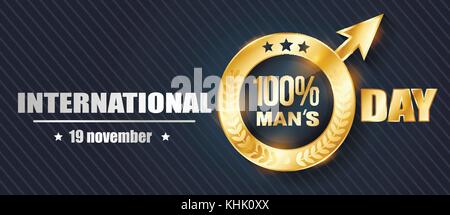 Banner su holiday international mens day nella forma di un maschio di segno di muoversi in avanti con un'iscrizione al cento per cento l'uomo. 3d illustrazione Illustrazione Vettoriale