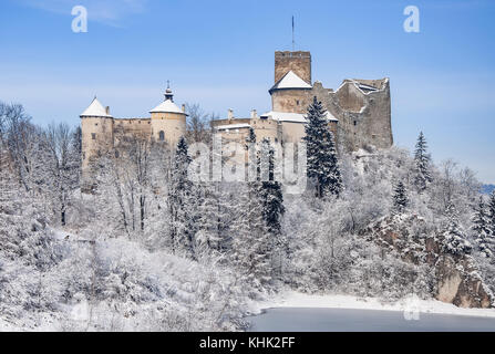 Castello medievale in niedzica, Polonia, nella neve in inverno sulla scogliera rocciosa a czorsztyn artificiale lago sul fiume Dunajec. Foto Stock