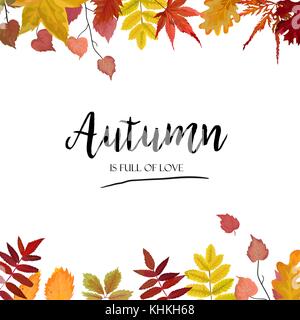 Vector floreali stile acquerello carte di progettazione la stagione autunnale di confine: cornice colorata giallo arancio rosso borgogna cadono le foglie di acero di foresta quercia rami Illustrazione Vettoriale