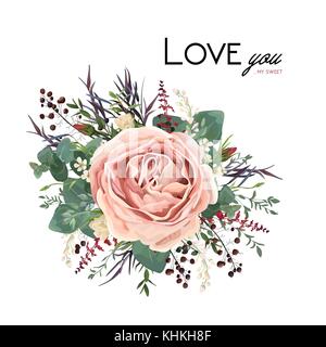 Vector floreali stile acquerello carte di progettazione: lavanda rosa antico giardino di polvere rosa seminate di eucalipto verde, agonis Timo foglia viola berry bouque Illustrazione Vettoriale