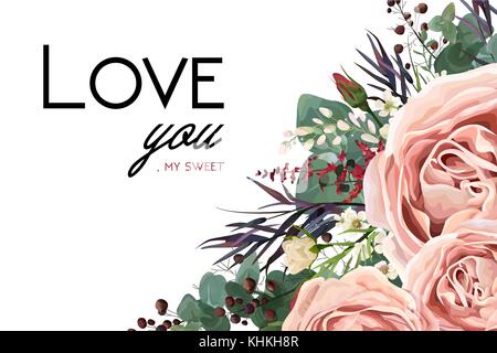 Vector floreali stile acquerello carte di progettazione: lavanda rosa antico giardino di rose verde eucalipto, timo agonis foglie colorate berry bordo del frame. vect Illustrazione Vettoriale