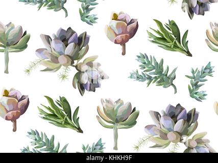 Seamless pattern: succulento piante e fiori acquerello disegnato a mano elementi bello. vettore botanico di natura tecnica verde elegante sfondo p Illustrazione Vettoriale