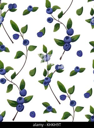 Vettore naturale modello senza giunture di mirtillo branch, frutti di bosco con il verde delle foglie verde, stile acquerello sfondo. stile rustico chic. composizioni Illustrazione Vettoriale
