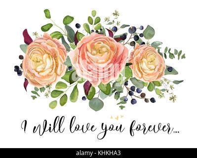 Vettore design floreale card: giardino rosa peach rose fiori ranunculus seminate eucalipto branch, foresta verde foglie di felce blue berry bouquet. weddi Illustrazione Vettoriale