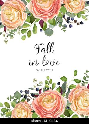 Vettore design floreale card: giardino rosa, peach rose ranuncoli fiori, seminate eucalipto silver tree ramo di foglia, verde, bacche. matrimonio romantico Illustrazione Vettoriale