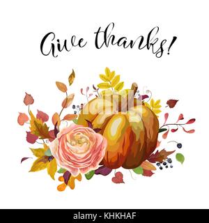 Vettore design floreale carta: giardino di zucca arancione rosa peach ranunculus flower ramo di albero coloratissimo cadono le foglie della foresta berry bouquet. vettore di nozze in Illustrazione Vettoriale