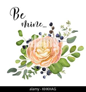 Vettore design floreale card: giardino rosa peach rose fiore ranunculus seminate eucalipto branch, foresta verde foglie di felce, blue berry bouquet. weddi Illustrazione Vettoriale