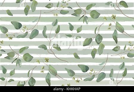 Eucalipto diverso albero, fogliame rami naturali con foglie di colore verde tropicale semi seamless pattern stile acquerello. vettore bella decorativo el Illustrazione Vettoriale