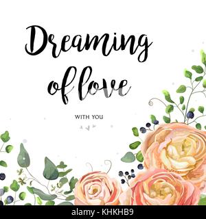 Vettore design floreale card: giardino rosa peach rose fiore ranunculus seminate eucalipto branch, foresta verde foglie di felce, berry border frame. weddi Illustrazione Vettoriale