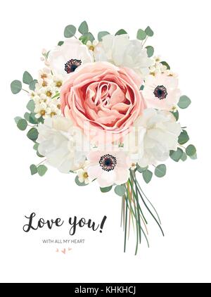 Mazzo di fiori mazzi floreali, scheda di vettore di design con sentori di pesca, rosa pallido bianco anemone giardino rose fiori, cera ramo di eucalipto verde. ru Illustrazione Vettoriale