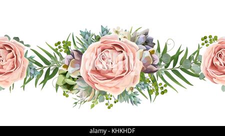 Vettore senza giunture floreali bouquet di pattern design: Giardino rosa pesca lavanda rose fiore di cera, ramo di eucalipto verde felce foglie di palmo succulenta berry il Illustrazione Vettoriale