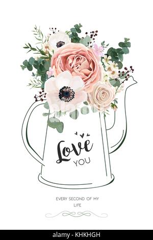 Floreali scheda elegante design vettoriali: rosa pesca fiore di cera bianca, anemone verde Verde Eucalipto berry bouquet in linea disegnata a mano bollitore vaso illustr Illustrazione Vettoriale