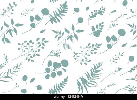 Modello senza giunture di eucalipto palm Fern Tree differenti, fogliame rami naturali, foglie blu, erbe e bacche di tacco tropicali disegnati a mano silhouette wat Illustrazione Vettoriale