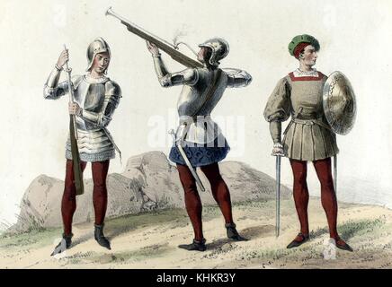 Una litografia a colori raffigurante tre classi di soldati spagnoli come sarebbe apparso nel 1495, il soldato sulla sinistra è il caricamento di un fucile per il soldato nel centro che è un rifleman che è la cottura di un fucile, sia all'usura il corpo superiore armor, caschi, e gambali in rosso, il soldato sulla destra è un abile spadaccino che porta una lunga spada e un pugnale, indossa una tunica verde e rosso gambali, egli è anche portando uno scudo, 1861. dalla biblioteca pubblica di new york. Foto Stock