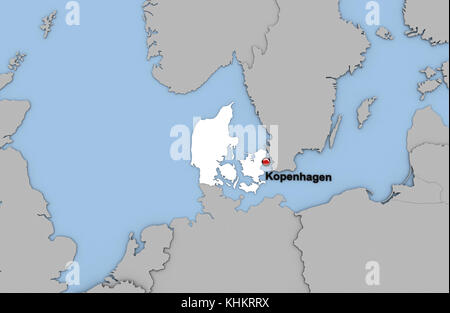 Abstract 3d rendering della mappa di Danimarca evidenziati in colore bianco e la posizione della capitale kopenhagen contrassegnati con perno rosso Foto Stock