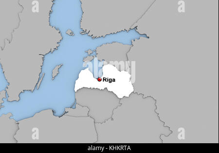 Abstract 3d rendering della mappa di lettonia evidenziati in colore bianco e la posizione del capitale riga contrassegnata con perno rosso Foto Stock