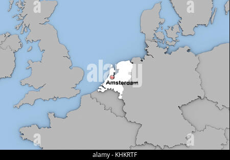 Abstract 3d rendering della mappa di netherland evidenziati in colore bianco e la posizione della capitale amsterdam contrassegnati con perno rosso Foto Stock