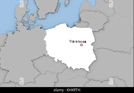 Abstract 3d rendering della mappa di Polonia evidenziati in colore bianco e la posizione della capitale varshava contrassegnati con perno rosso Foto Stock