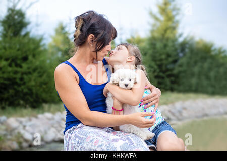 Giovane europeo orientale madre e il suo piccolo grazioso daugher seduti all'aperto in natura sul giorno di estate, coccole e baciare Foto Stock