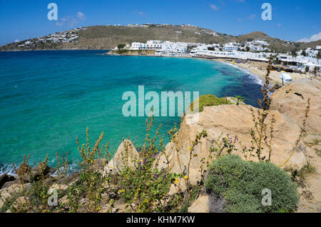 Spiaggia di Platis Gialos, sud dell isola, isola di Mykonos, Cicladi, Egeo, Grecia Foto Stock