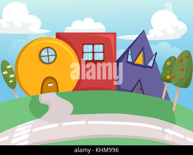 Illustrazione colorata di quirky case conformata come forme geometriche di base Foto Stock