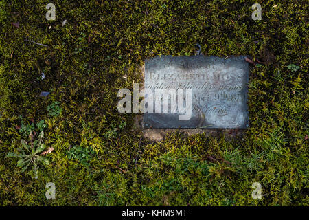 Moss che circonda una lapide lapide con il nome Elizabeth Moss nel sagrato della chiesa di Tutti i Santi. Bisley, Cotswolds, Gloucestershire, Inghilterra Foto Stock