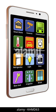 Le app per la casa intelligente per il tuo telefono sono illustrate qui. L'app include: Termostato, porta del garage, luci, intrattenimento, serrature delle porte, irrigazione, e cartolarit Foto Stock