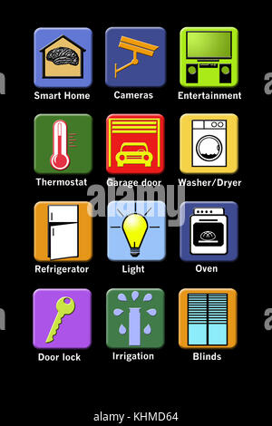 Le app per la casa intelligente per il tuo telefono sono illustrate qui. L'app include: Termostato, porta del garage, luci, intrattenimento, serrature delle porte, irrigazione, e cartolarit Foto Stock