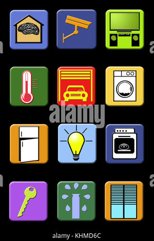Le app per la casa intelligente per il tuo telefono sono illustrate qui. L'app include: Termostato, porta del garage, luci, intrattenimento, serrature delle porte, irrigazione, e cartolarit Foto Stock
