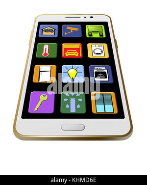 Le app per la casa intelligente per il tuo telefono sono illustrate qui. L'app include: Termostato, porta del garage, luci, intrattenimento, serrature delle porte, irrigazione, e cartolarit Foto Stock