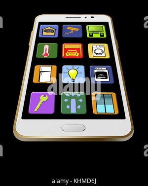 Le app per la casa intelligente per il tuo telefono sono illustrate qui. L'app include: Termostato, porta del garage, luci, intrattenimento, serrature delle porte, irrigazione, e cartolarit Foto Stock