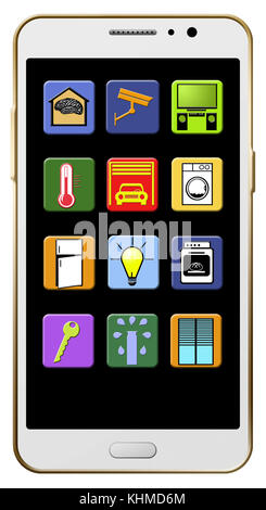 Le app per la casa intelligente per il tuo telefono sono illustrate qui. L'app include: Termostato, porta del garage, luci, intrattenimento, serrature delle porte, irrigazione, e cartolarit Foto Stock