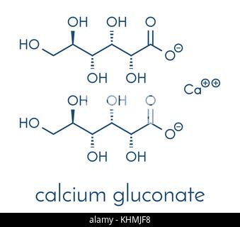 Il gluconato di calcio farmaco. forma solubile di Ca, usato per il trattamento di casi di sovradosaggio di magnesio, ipocalcemia e acido fluoridrico (HF) ustioni. formula scheletrico. Illustrazione Vettoriale