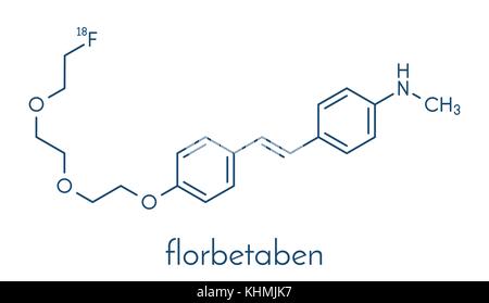 Radiofarmaco florbetaben molecola. utilizzata per l'imaging di delle placche beta-amiloidi nel morbo di Alzheimer dal pet. formula scheletrico. Illustrazione Vettoriale