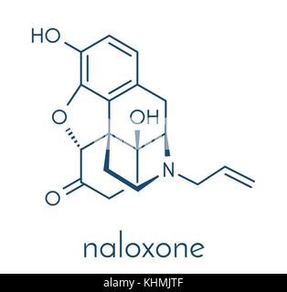 Il naloxone recettore oppioide antagonista. farmaco utilizzato nel trattamento del sovradosaggio di oppioidi. formula scheletrico. Illustrazione Vettoriale