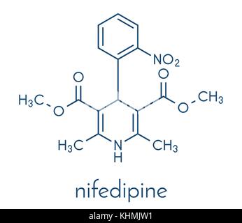 La nifedipina bloccanti del canale di calcio. farmaco utilizzato nel trattamento di angina pectoris e ipertensione (alta pressione sanguigna). formula scheletrico. Illustrazione Vettoriale