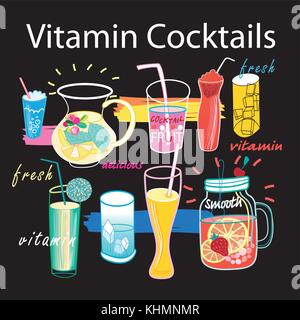 Bella grafica serie di cocktail di vitamine per la pubblicità cafe e ristorante Illustrazione Vettoriale