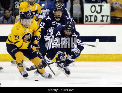 Hamden, nel Connecticut, Stati Uniti d'America. Xviii Nov, 2017. Novembre 18, 2017 - Hamden, nel Connecticut - Quinnipiac #29 ODEEN TUFTO ha il puck e viene perseguito da Yale #21 TYLER WELSH e #13 EVAN SMITH durante il primo periodo di16th eroi annuale Hat gioco in onore di coloro che hanno rischiato o perso la vita in attentati terroristici sul Sett. 11, 2001. Quinnipiac vinto 3-0. Credito: Stan Godlewski/ZUMA filo/Alamy Live News Foto Stock