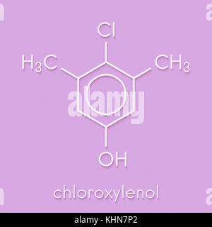 Cloroxilenolo antisettico per molecola. disinfettante utilizzato contro i batteri, alghe, funghi e virus. formula scheletrico. Foto Stock