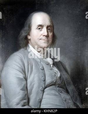 Un ritratto a mezza lunghezza di Benjamin Franklin, è mostrato in posizione seduta con indosso una tuta grigia, 1783. Dalla New York Public Library. Foto Stock