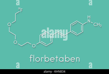 Radiofarmaco florbetaben molecola. utilizzata per l'imaging di delle placche beta-amiloidi nel morbo di Alzheimer dal pet. formula scheletrico. Foto Stock