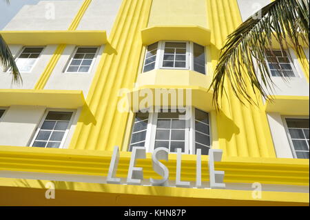 Art Deco Hotel Leslie facce di costruzione e progettazione in South Beach, Miami, Florida, Stati Uniti d'America. Foto Stock