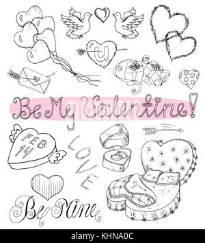 San Valentino Doodle insieme con cuori, lettere e doni Illustrazione Vettoriale